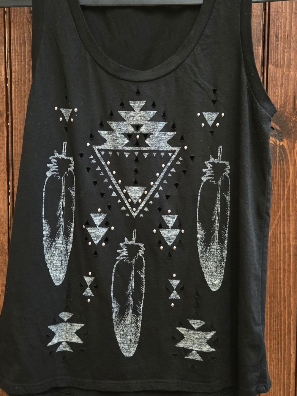 Express Black Tank Top with Silver Feather & Aztec Graphic